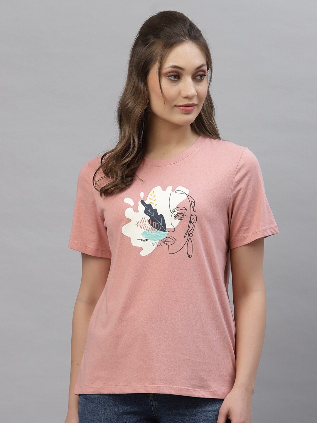 

Mode by Red Tape Women Coral Printed Cotton T-shirt