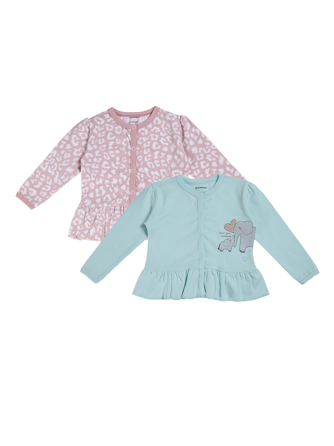 

My Milestones Infants Girls Pink & Green 2 Printed Henley Neck T-shirt
