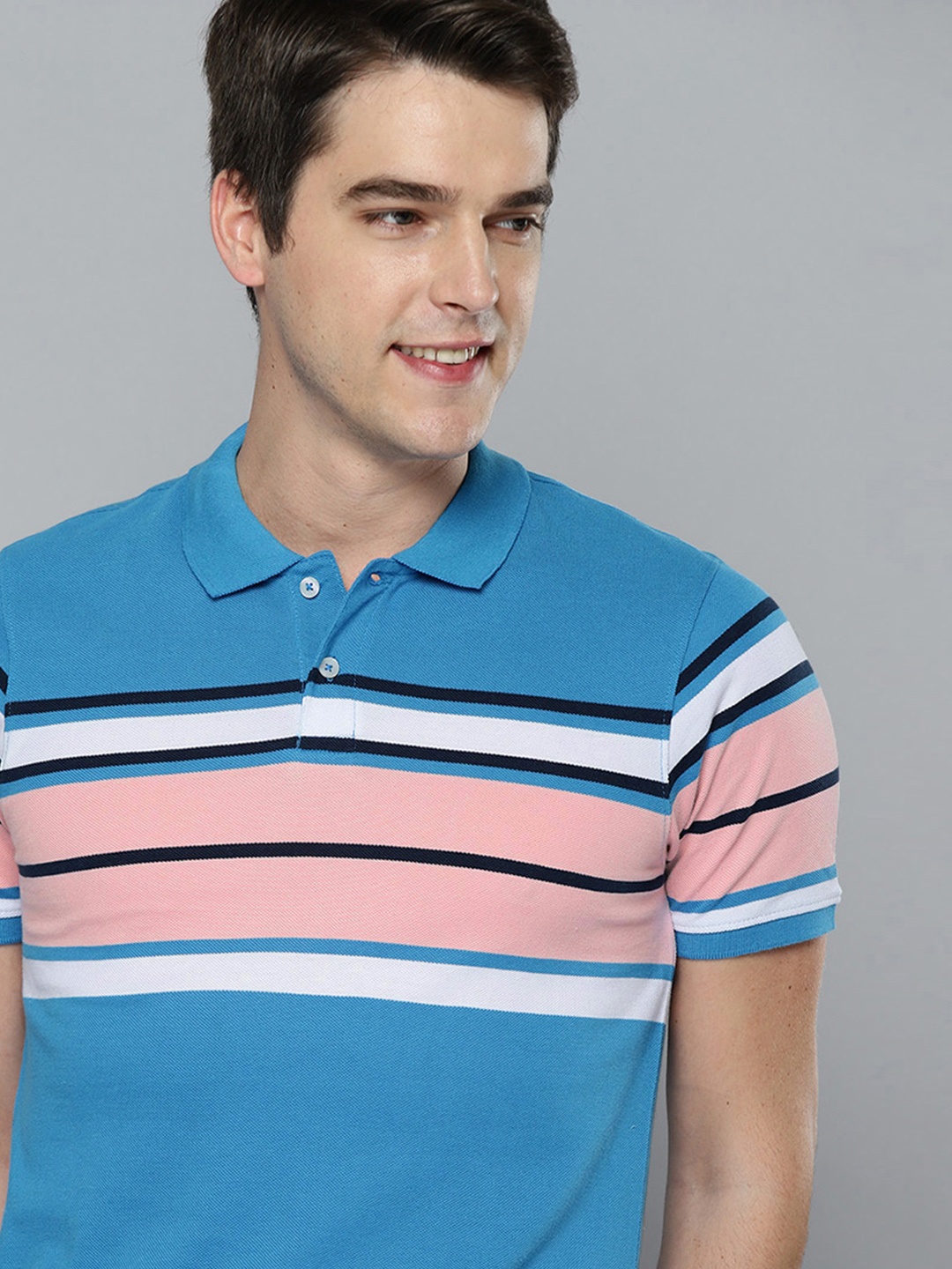 

Mast & Harbour Men Blue & Pink Striped Polo Collar Pure Cotton T-shirt