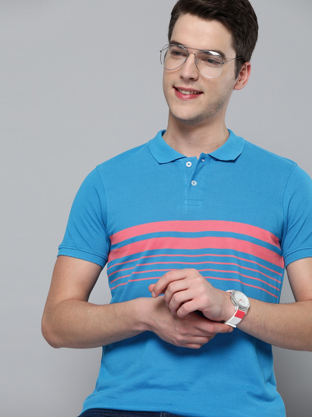 

Mast & Harbour Men Pure Cotton Striped Polo Collar T-shirt, Blue