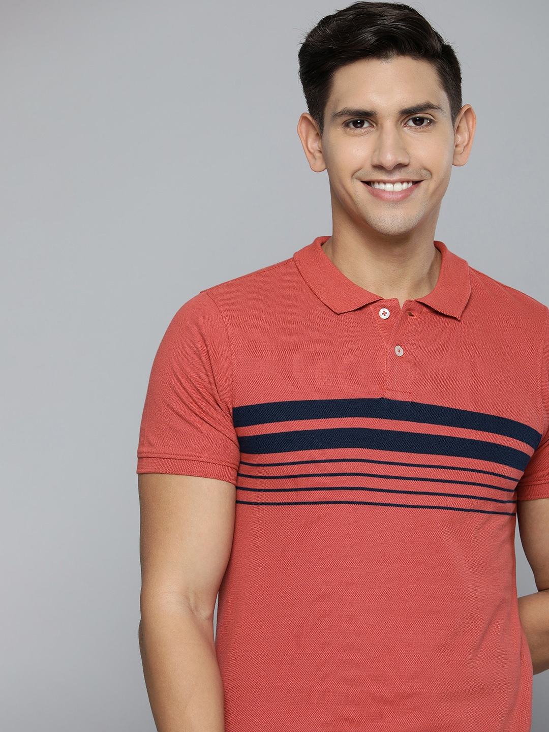 

Mast & Harbour Men Pure Cotton Striped Polo Collar T-shirt, Coral