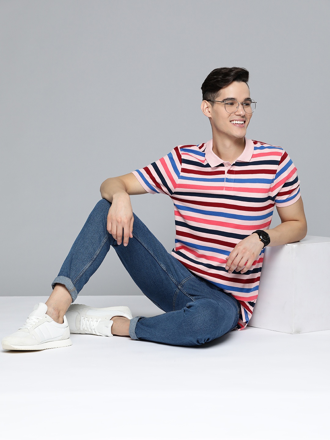 

Mast & Harbour Men Pink & Red Striped Polo Collar Pure Cotton T-shirt
