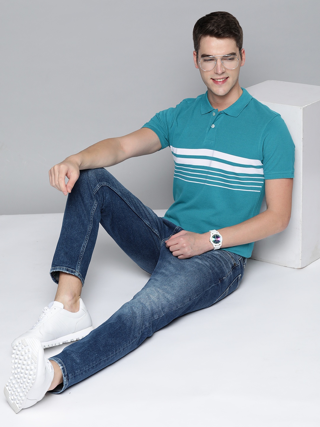 

Mast & Harbour Men Teal Green & White Striped Polo Collar Pure Cotton T-shirt