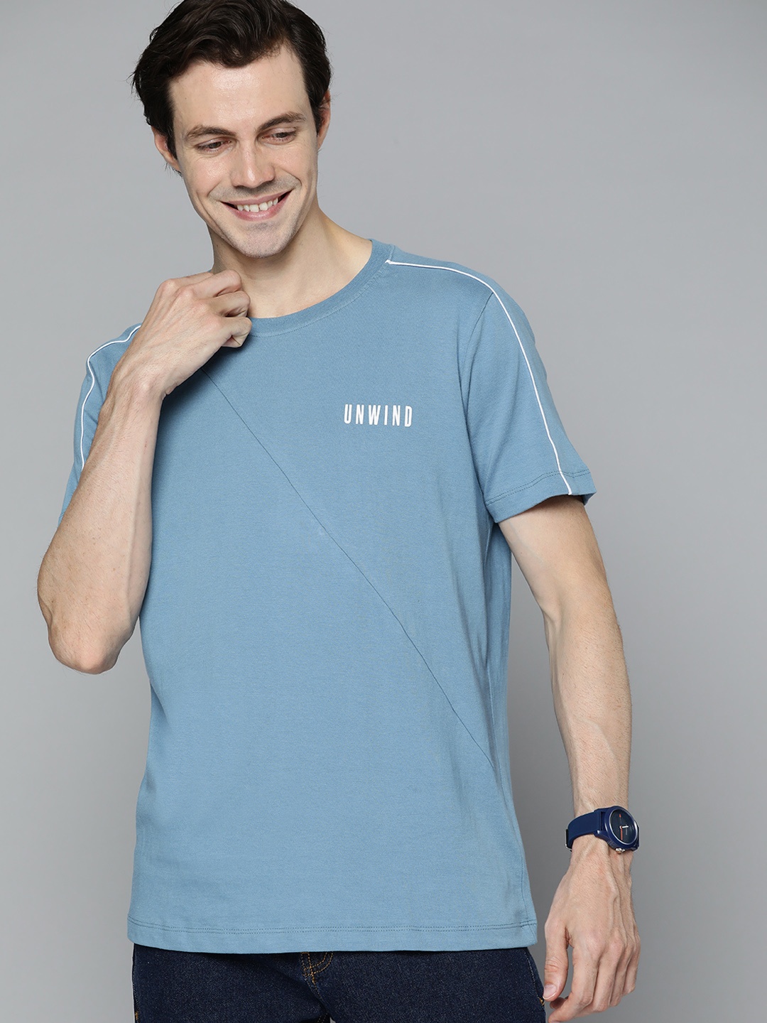 

Mast & Harbour Men Blue Pure Cotton T-shirt