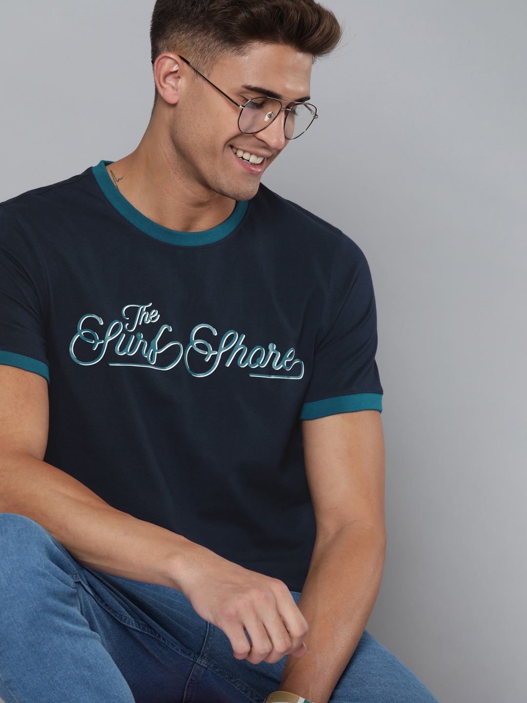 

Mast & Harbour Men Navy Blue Pure Cotton Typography Printed T-shirt