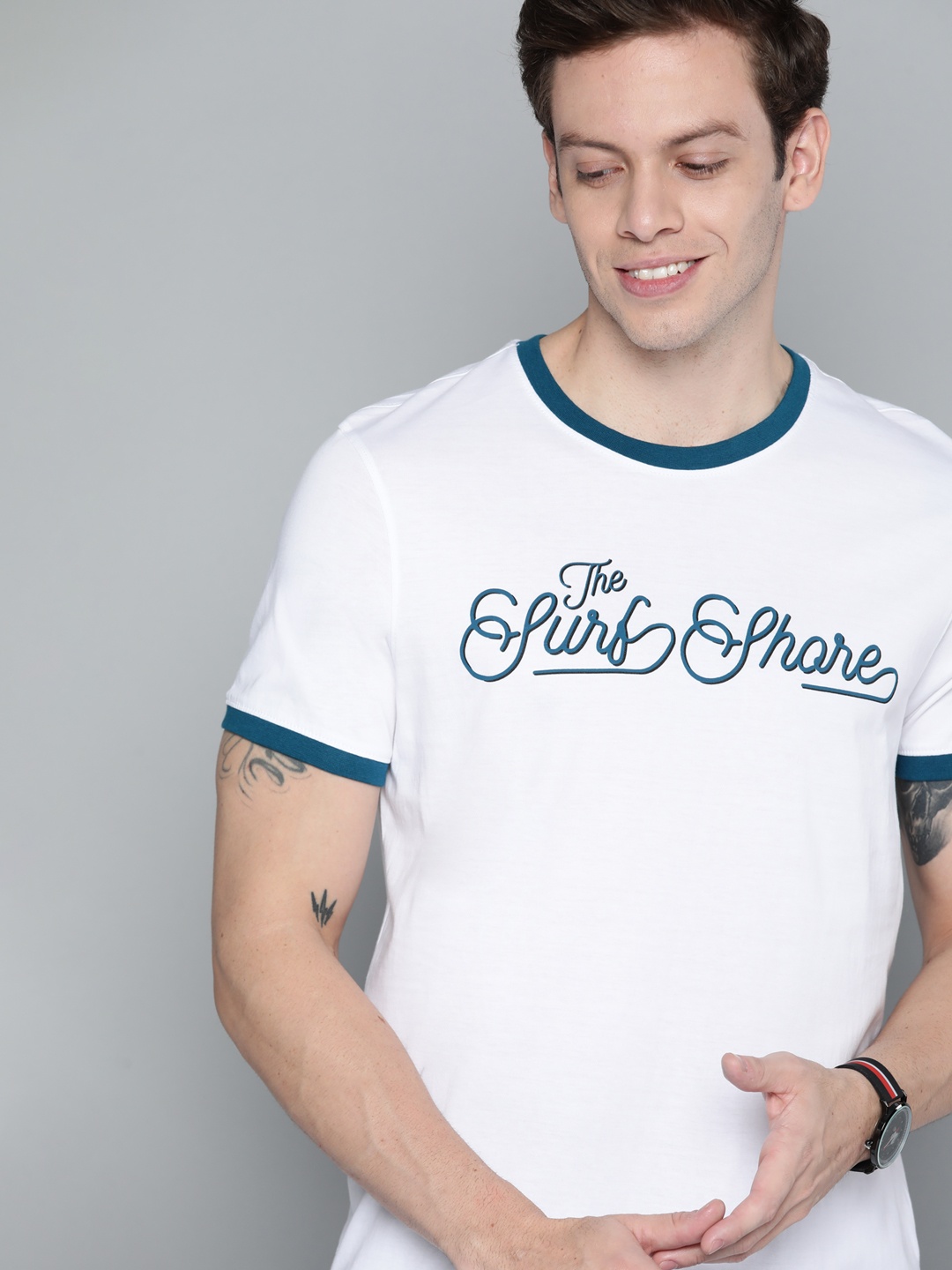 

Mast & Harbour Men White & Teal Blue Typography Printed Cotton T-shirt