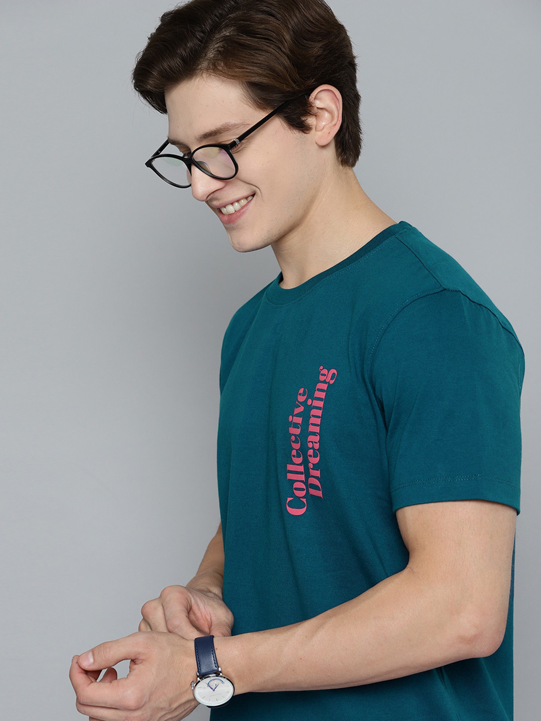 

Mast & Harbour Men Teal Blue Typography Printed Pure Cotton T-shirt