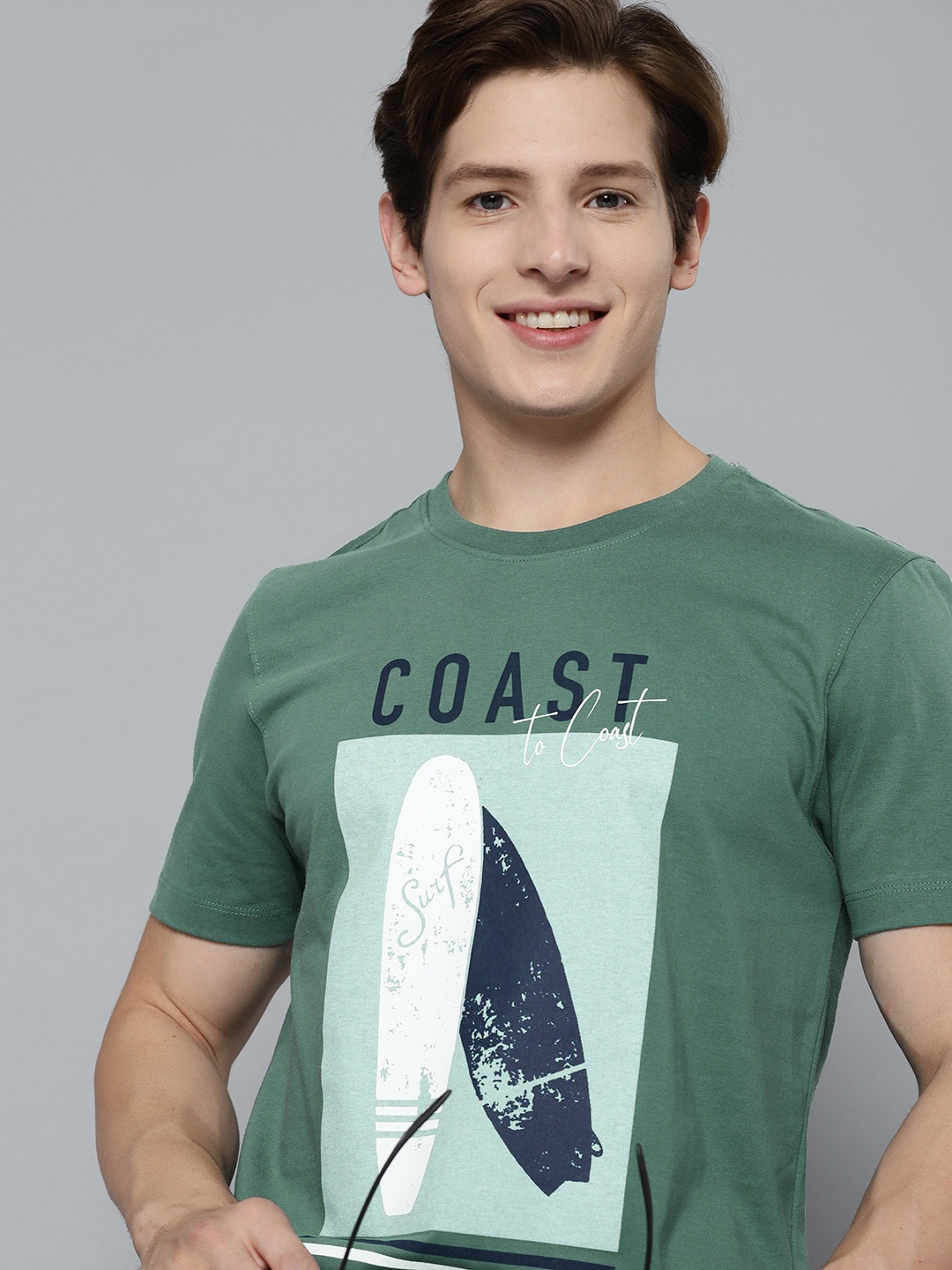 

Mast & Harbour Men Sage Green Graphic Printed Pure Cotton T-shirt