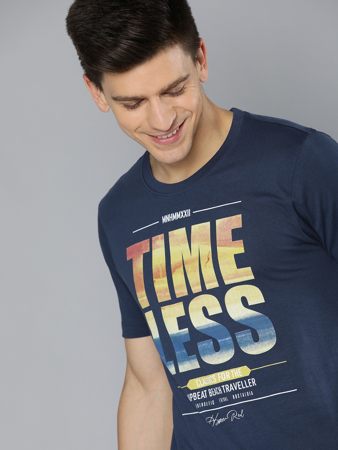 

Mast & Harbour Men Navy Blue Typography Printed Pure Cotton T-shirt