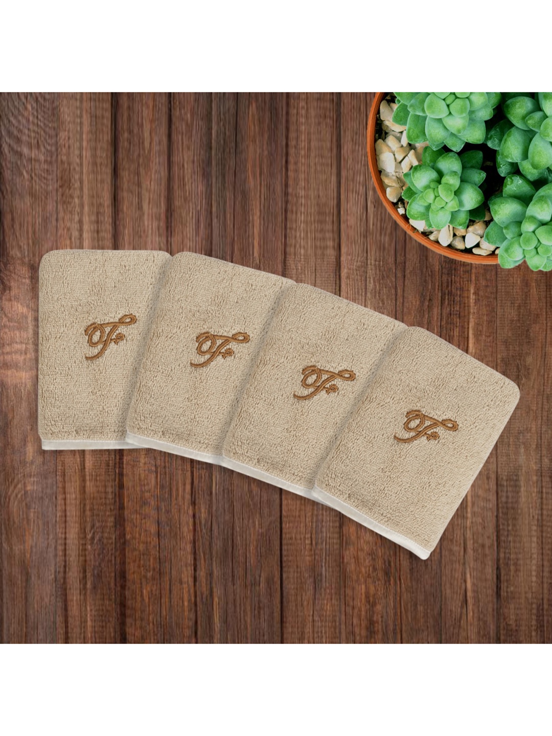 

LUSH & BEYOND Set Of 4 Beige Embroidered 500 GSM Pure Cotton Face Towels