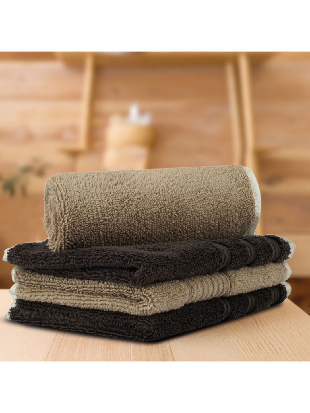 

LUSH & BEYOND Set Of 4 Beige & Black Solid 500 GSM Pure Cotton Face Towels