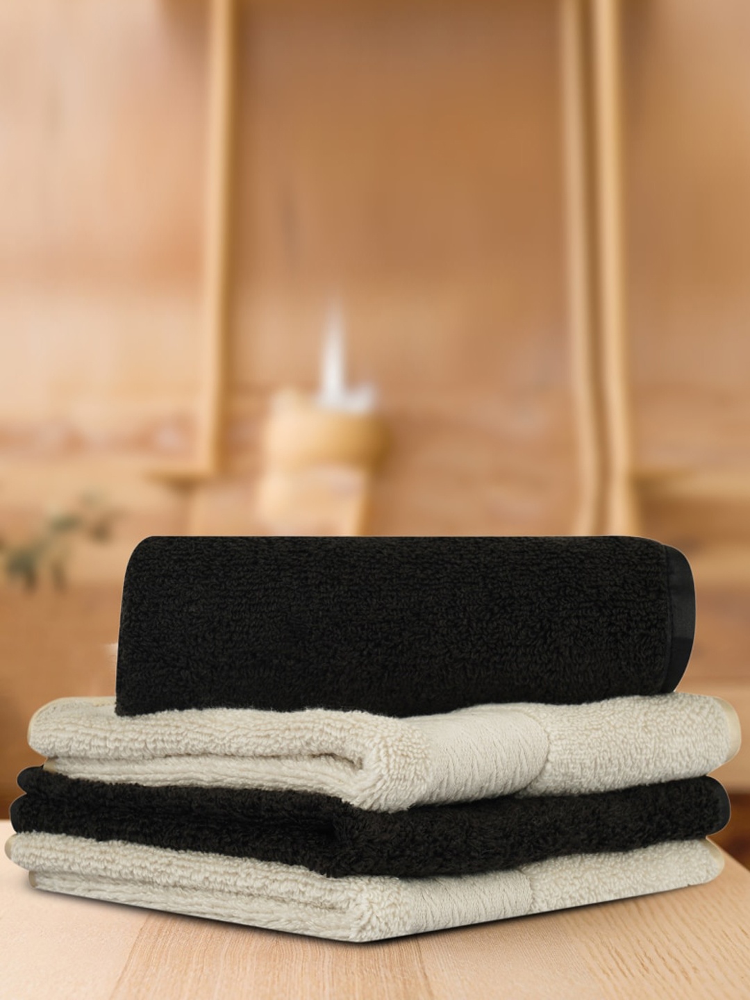 

LUSH & BEYOND Black & Cream Set Of 4 Solid 500 GSM Pure Cotton Face Towels