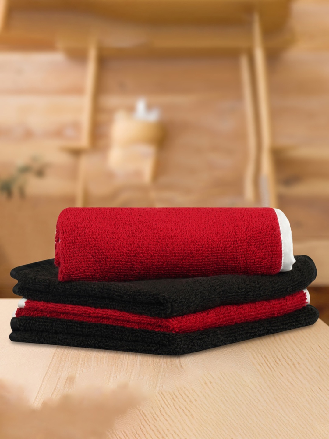 

LUSH & BEYOND Set Of 4 Red & Black Solid 500 GSM Pure Cotton Face Towels