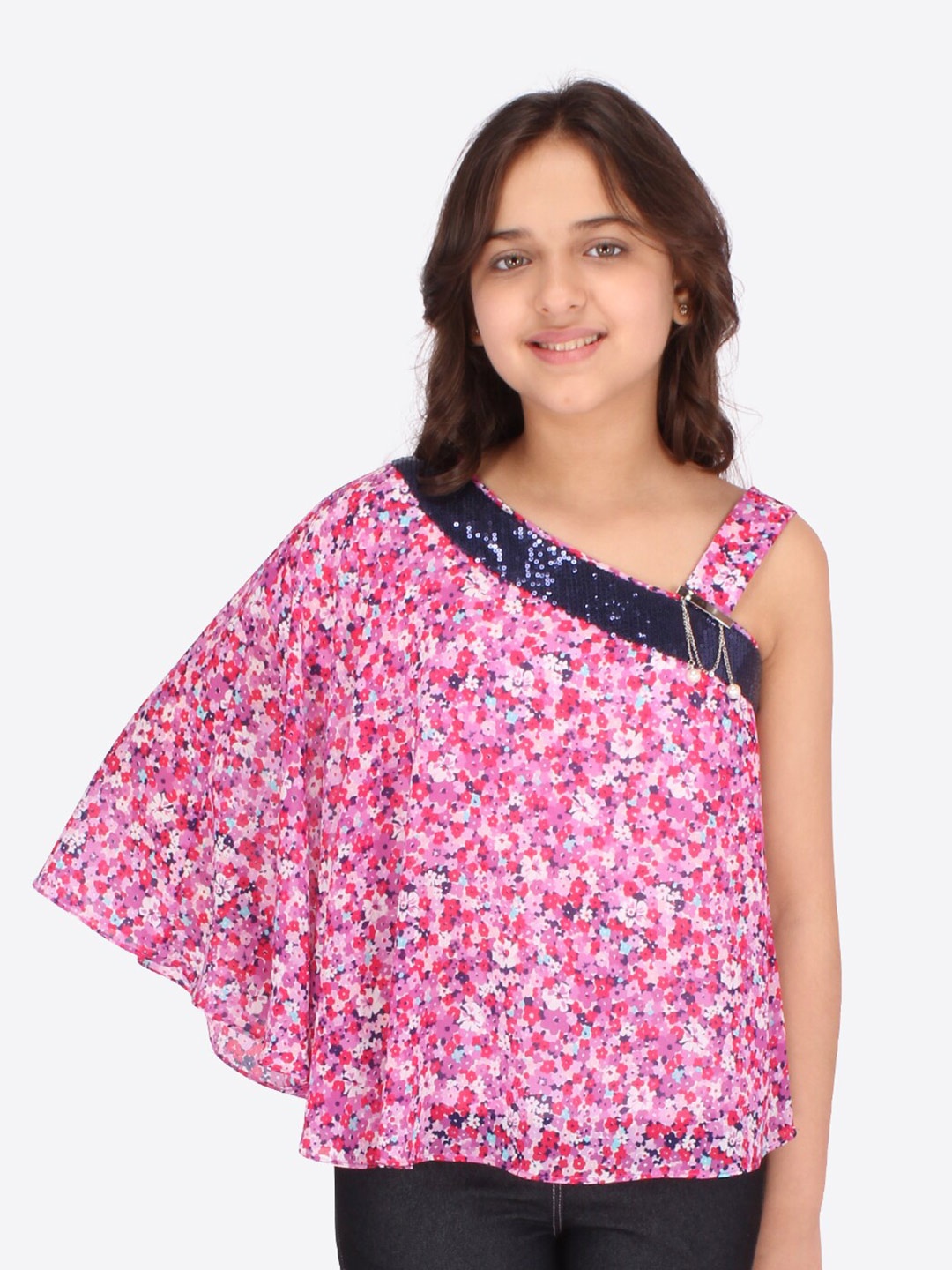 

CUTECUMBER Girls Pink Floral Print One Shoulder Georgette Top