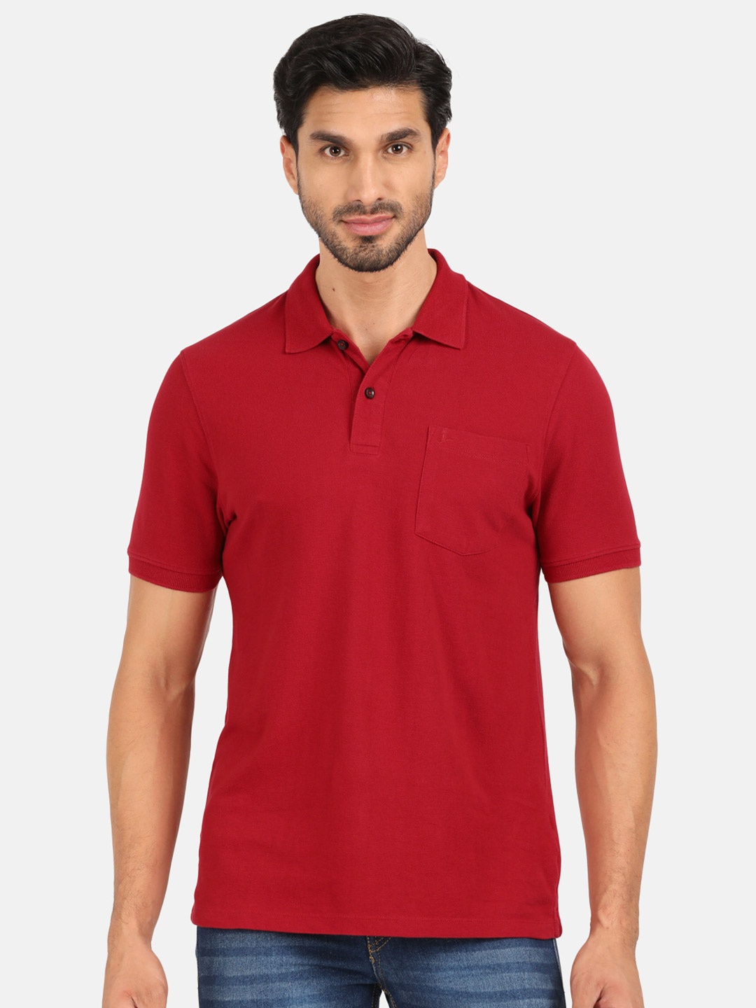 

MERCHANT MARINE Men Red Polo Collar Pure Cotton T-shirt