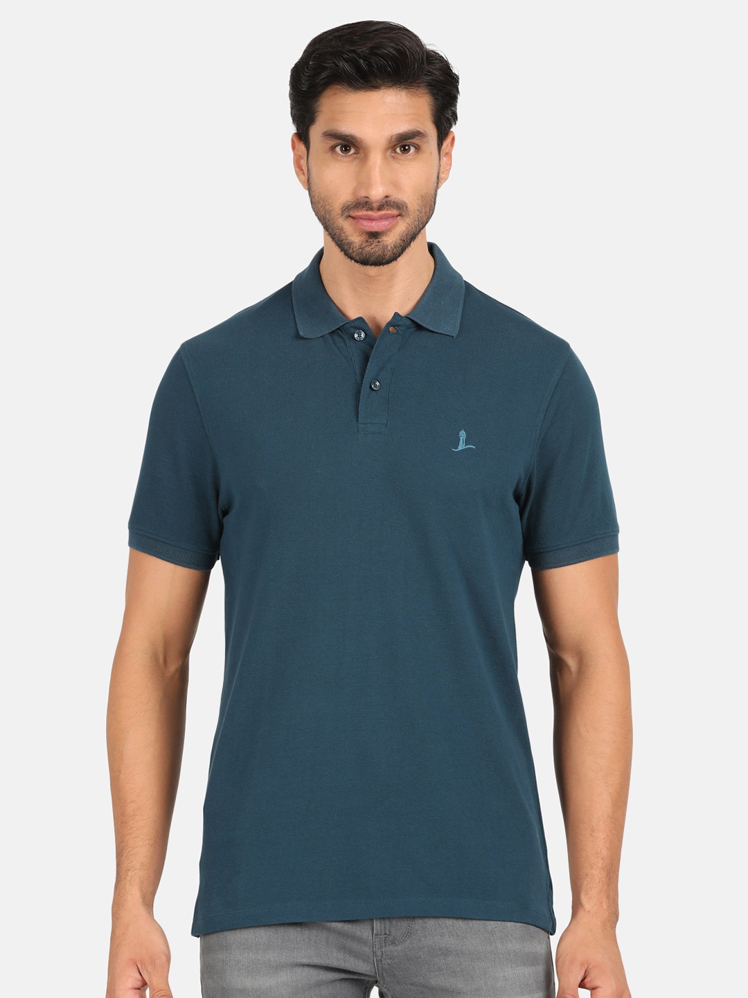 

MERCHANT MARINE Men Blue Polo Collar Pure Cotton T-shirt