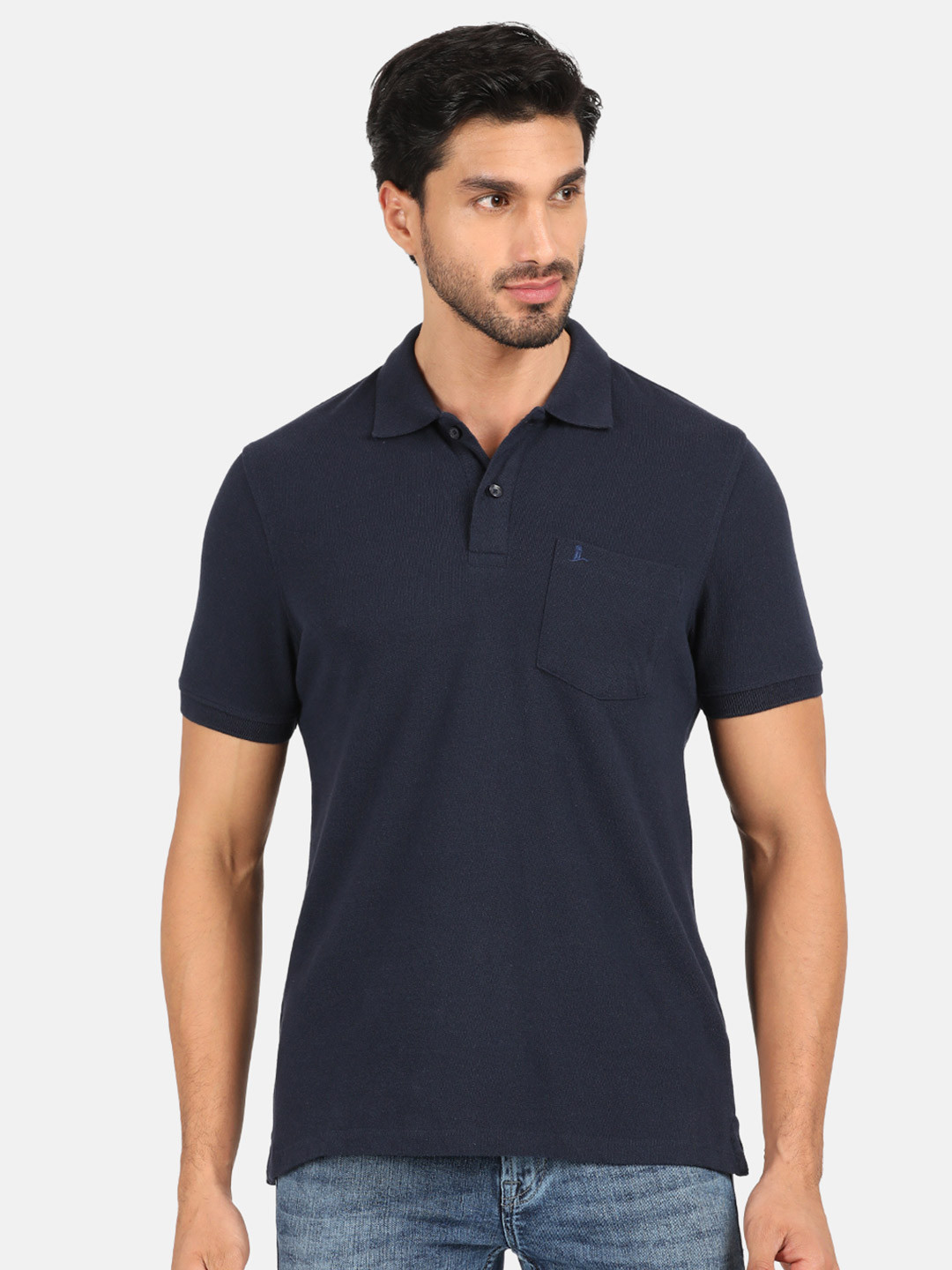 

MERCHANT MARINE Men Navy Blue Polo Collar Pure Cotton T-shirt