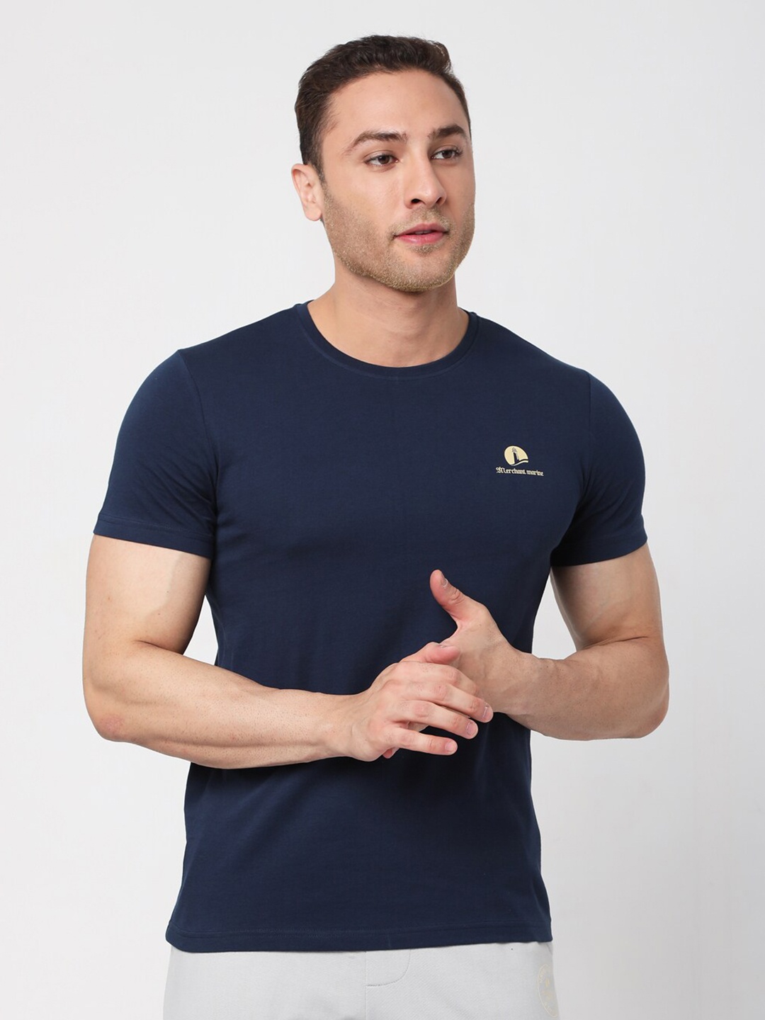 

MERCHANT MARINE Men Navy Blue Pure Cotton T-shirt