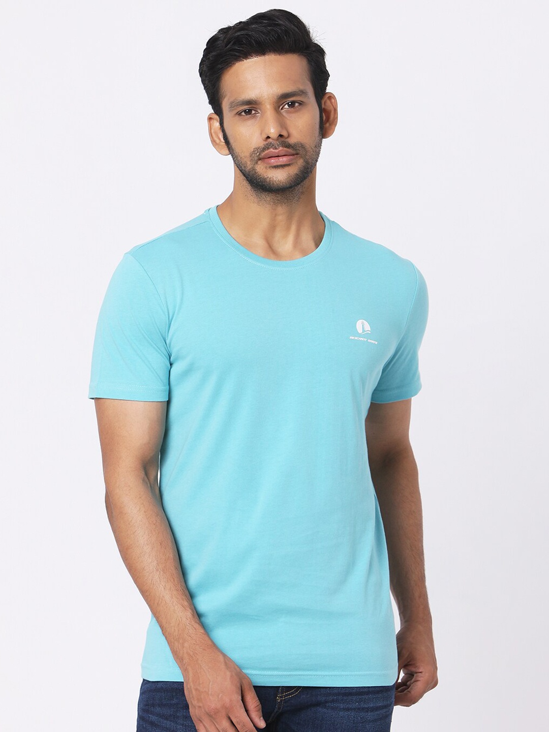 

MERCHANT MARINE Men Turquoise Blue Pure Cotton Regular Fit T-shirt