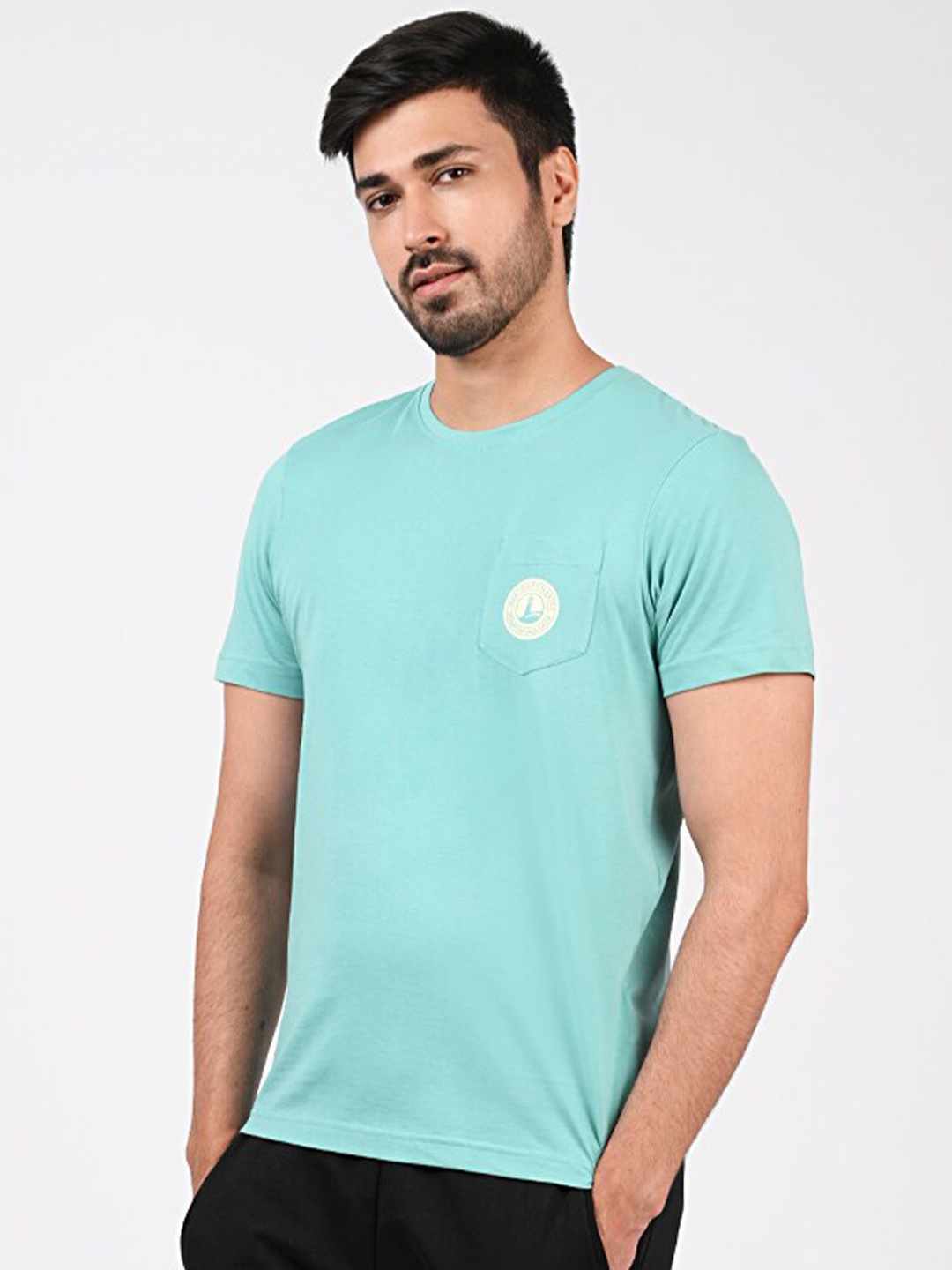 

MERCHANT MARINE Men Turquoise Blue Pure Cotton T-shirt