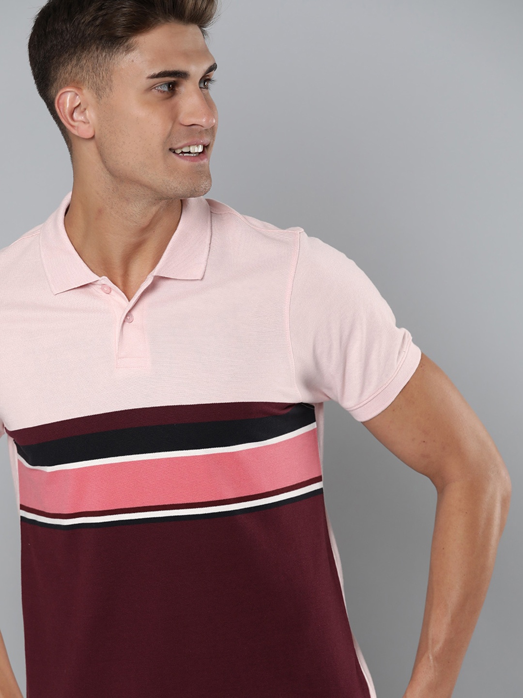 

Mast & Harbour Men Pink & Maroon Colourblocked Polo Collar T-shirt