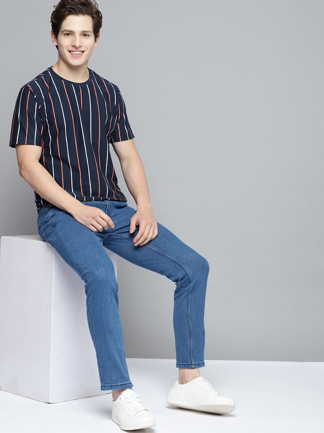 

Mast & Harbour Men Navy Blue Striped T-shirt