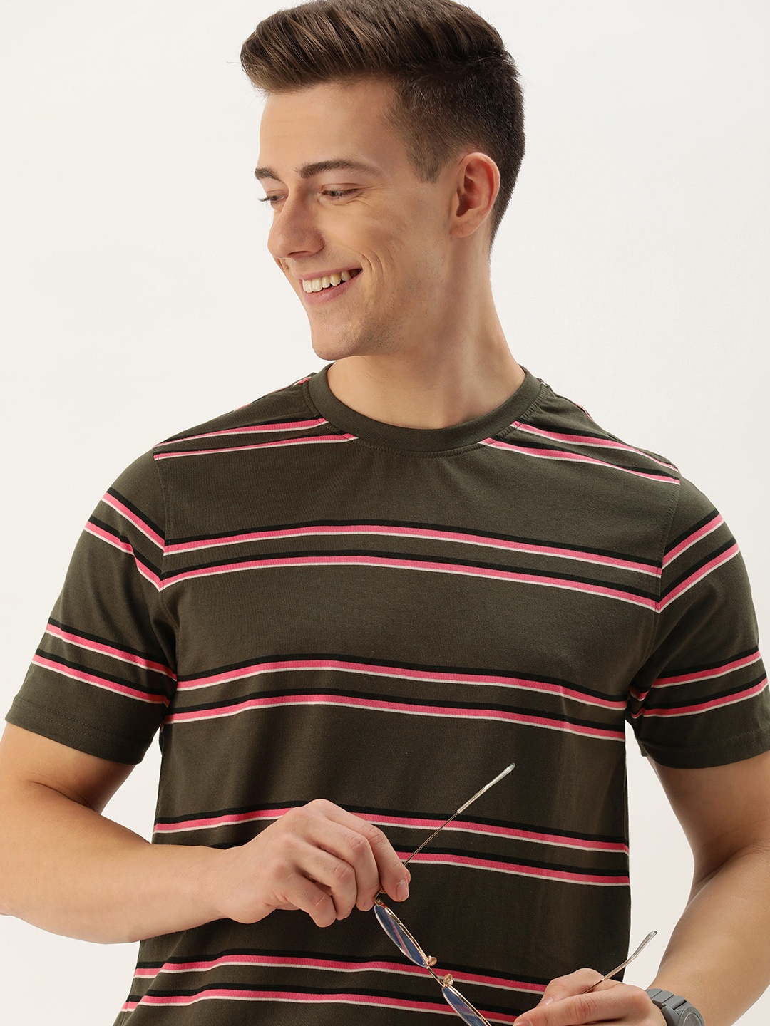 

Mast & Harbour Round Neck Striped T-shirt, Olive
