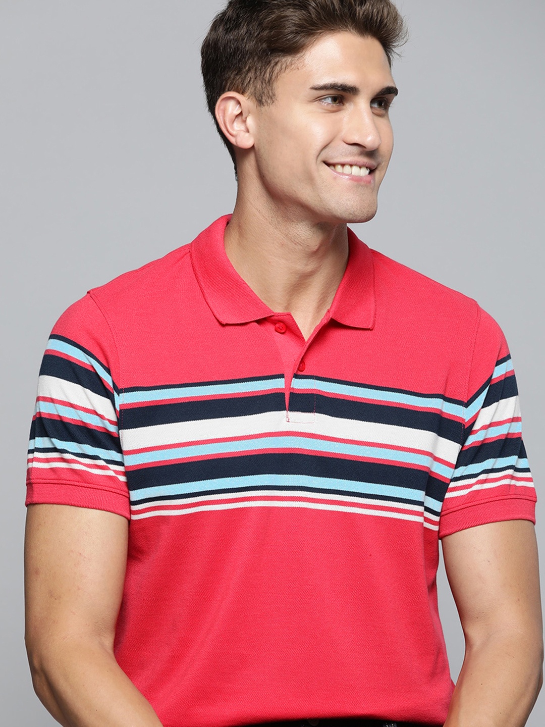

Mast & Harbour Men Pink & Blue Striped Polo Collar T-shirt