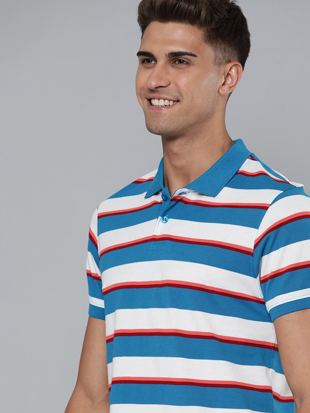 

Mast & Harbour Men Blue & White Striped Polo Collar T-shirt
