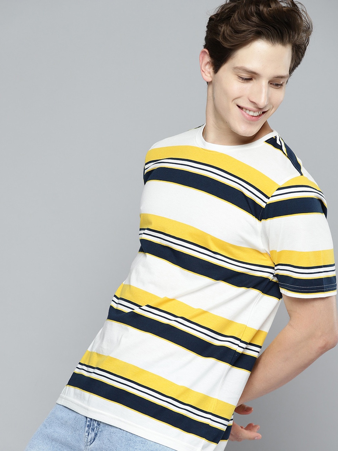 

Mast & Harbour Men White & Yellow Striped T-shirt