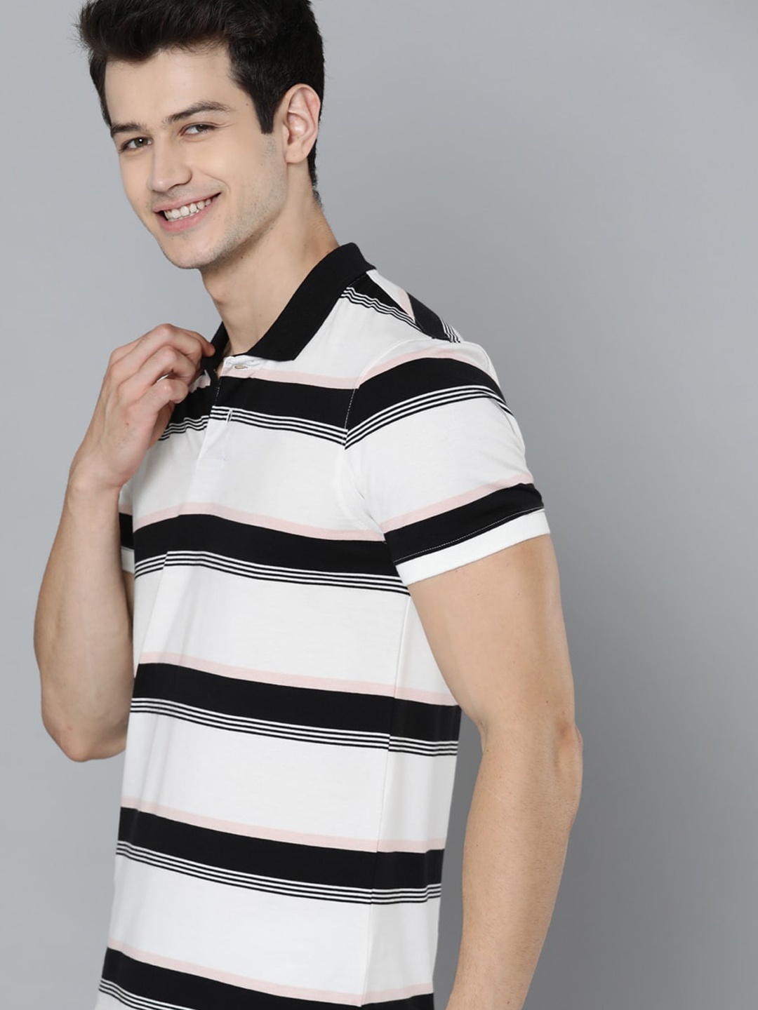 

Mast & Harbour Men Off White & Black Striped Polo Collar T-shirt