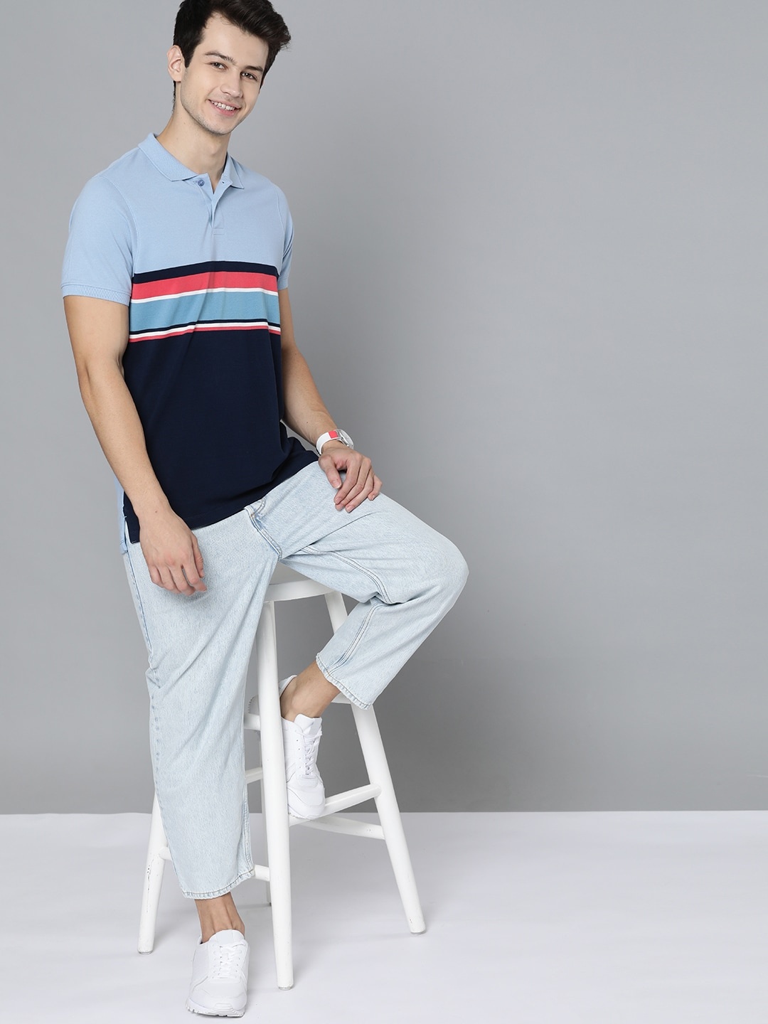 

Mast & Harbour Men Blue & White Striped Polo Collar T-shirt