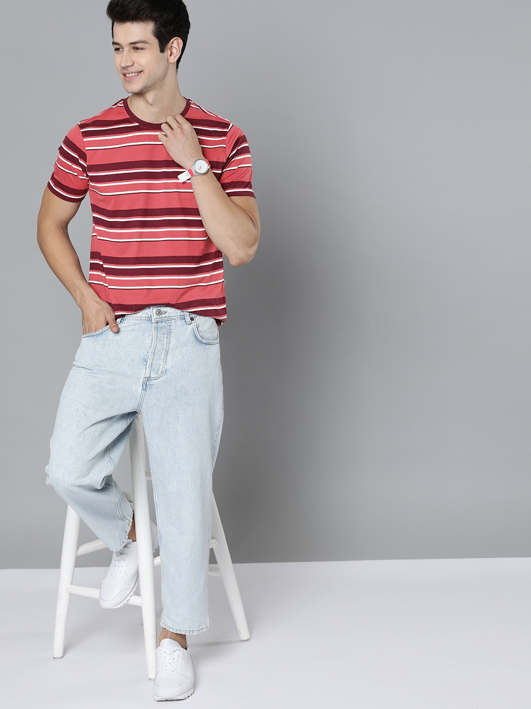

Mast & Harbour Men Pink & Maroon Striped T-shirt