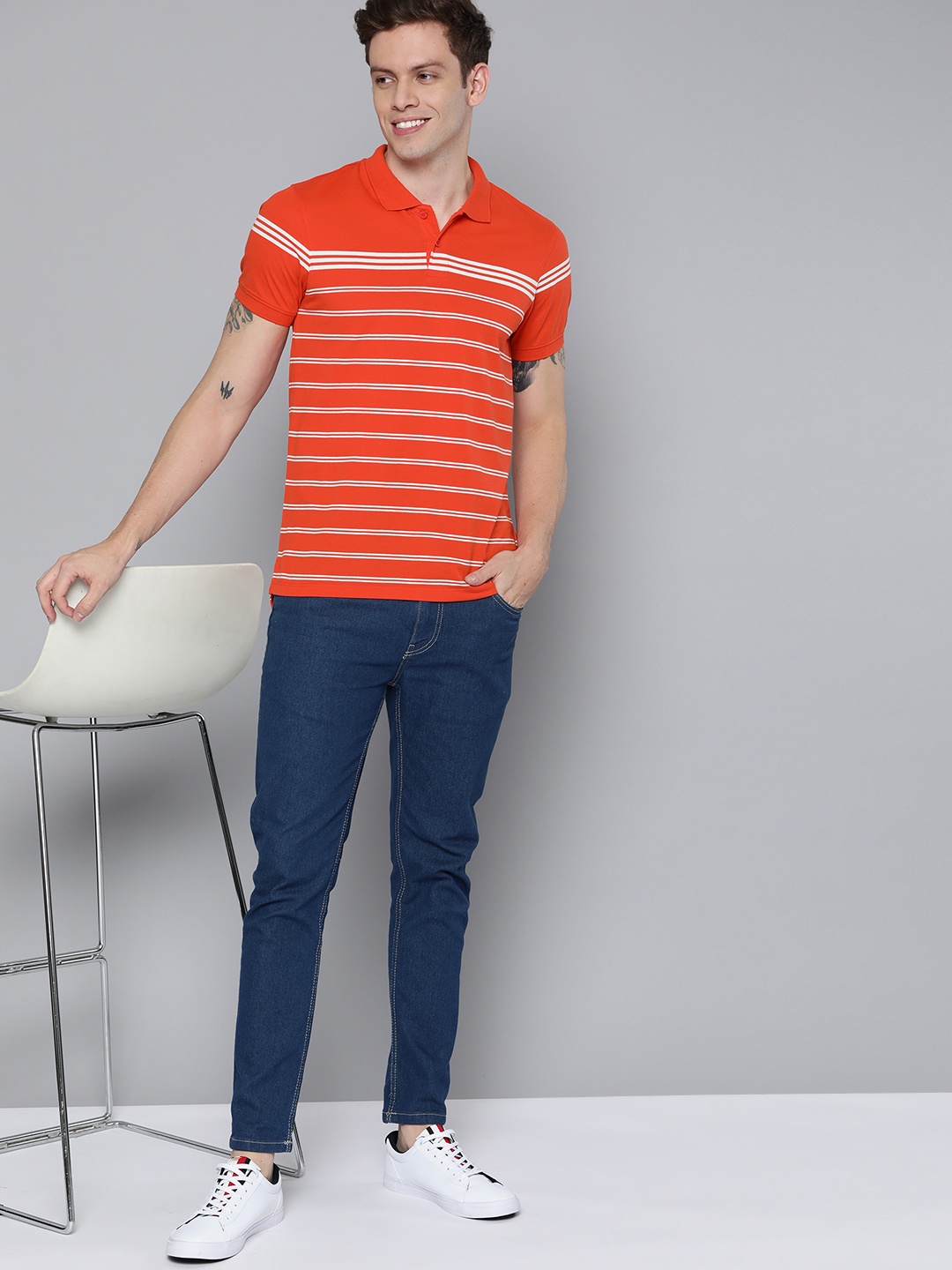 

Mast & Harbour Men Orange & White Striped Polo Collar T-shirt