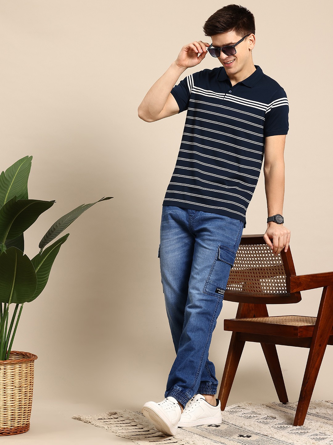 

Mast & Harbour Men Striped Polo Collar T-shirt, Navy blue