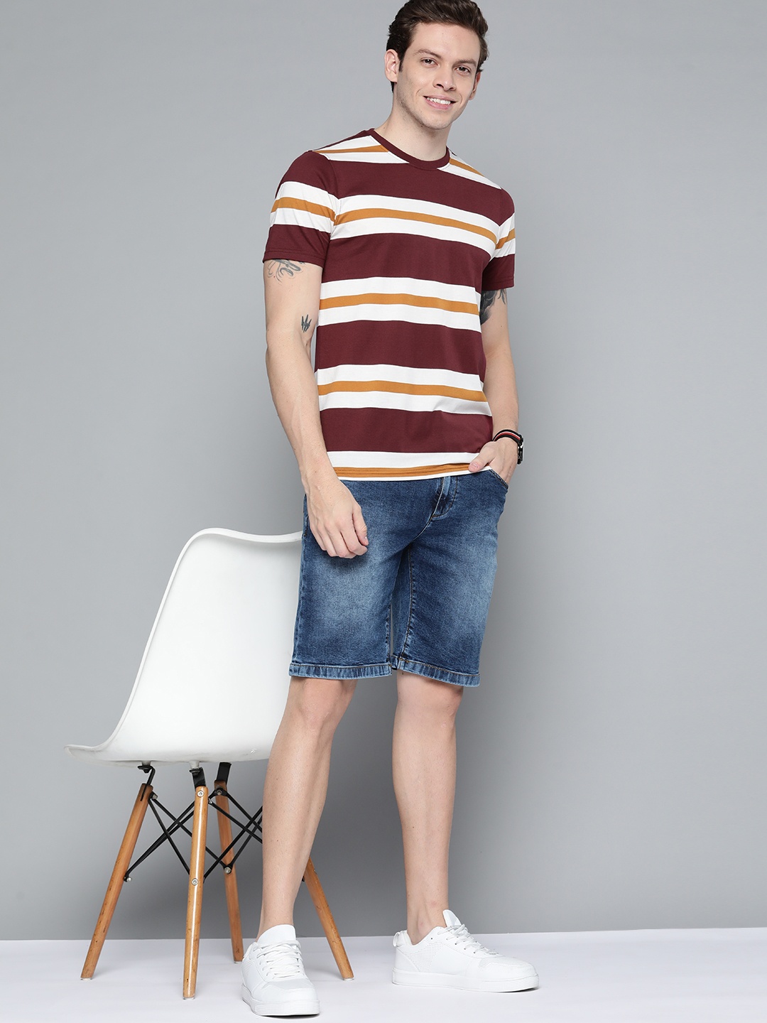 

Mast & Harbour Men Burgundy & Mustard Yellow Striped T-shirt