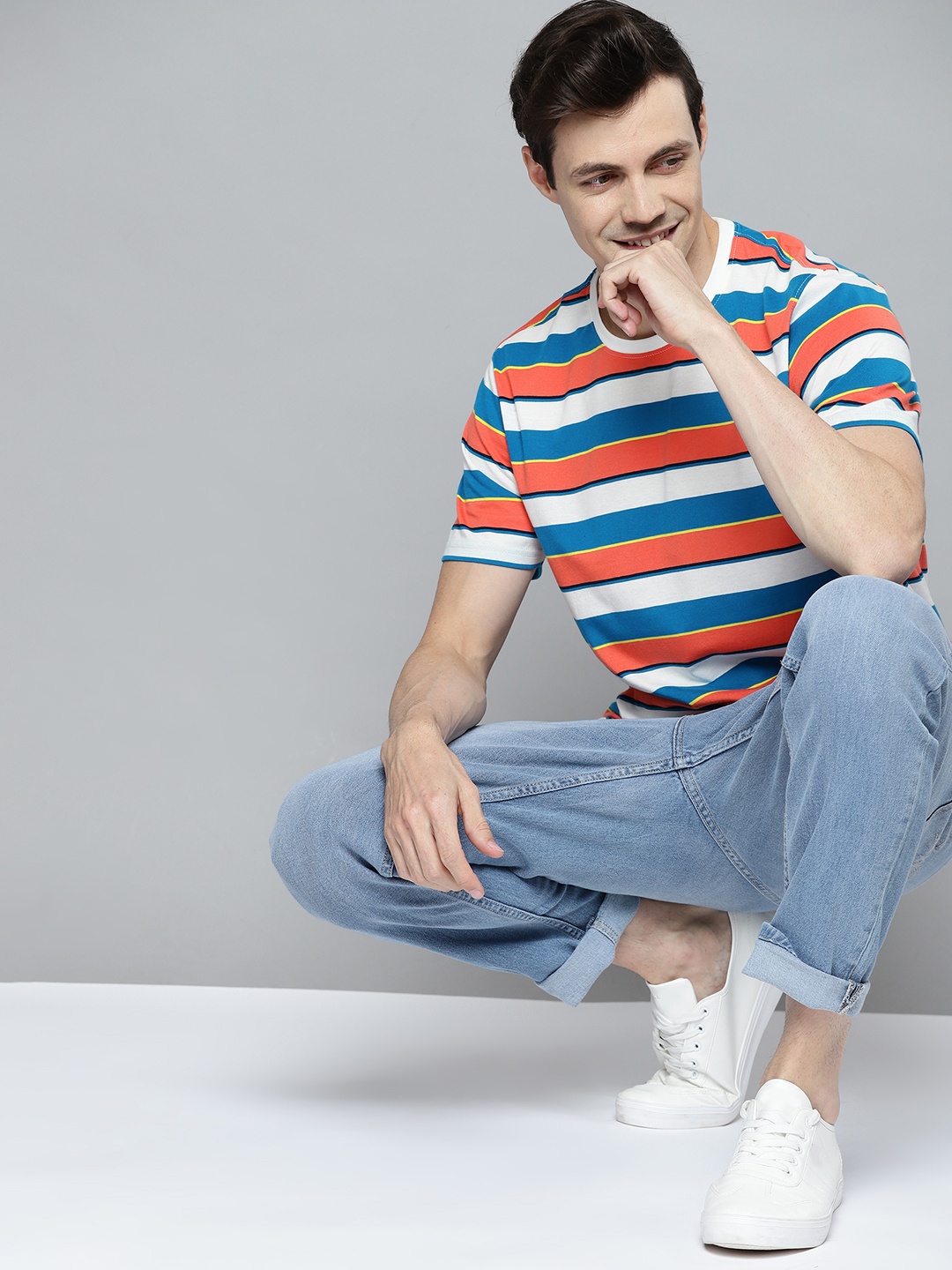 

Mast & Harbour Men Blue & Peach-Coloured Striped T-shirt