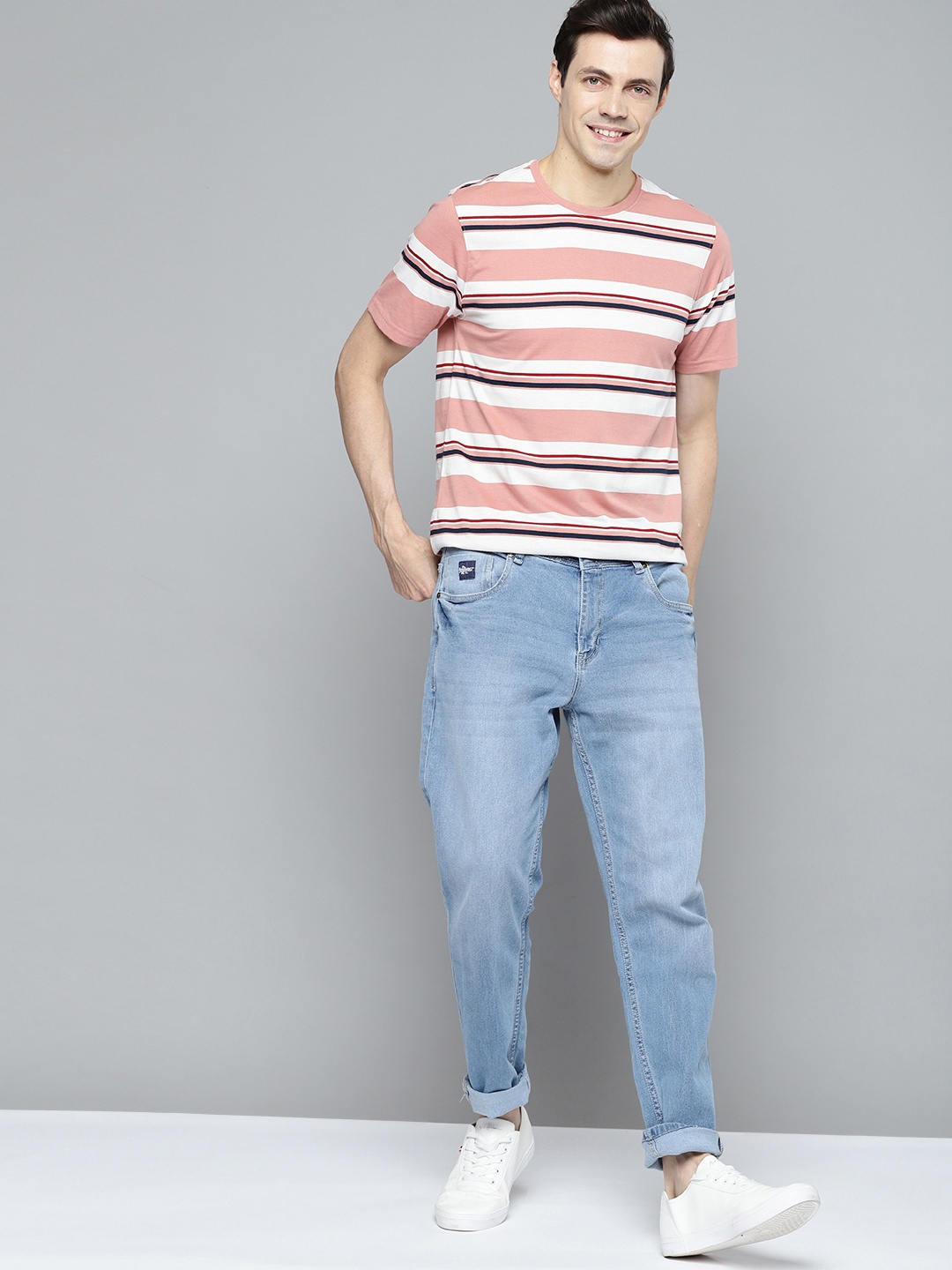

Mast & Harbour Men Dusty Pink & White Striped T-shirt, Rose
