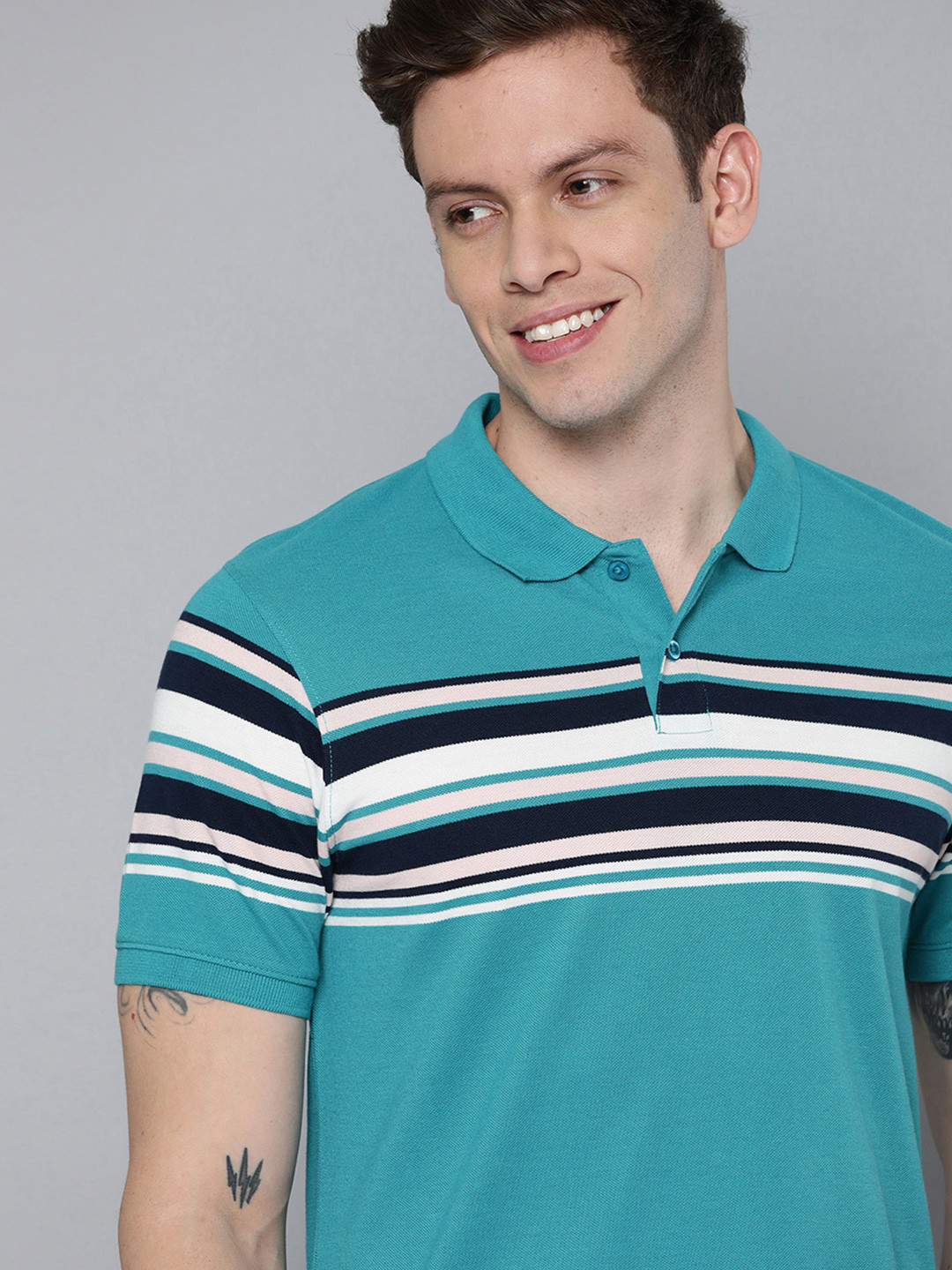 

Mast & Harbour Men Turquoise Blue Striped Polo Collar T-shirt