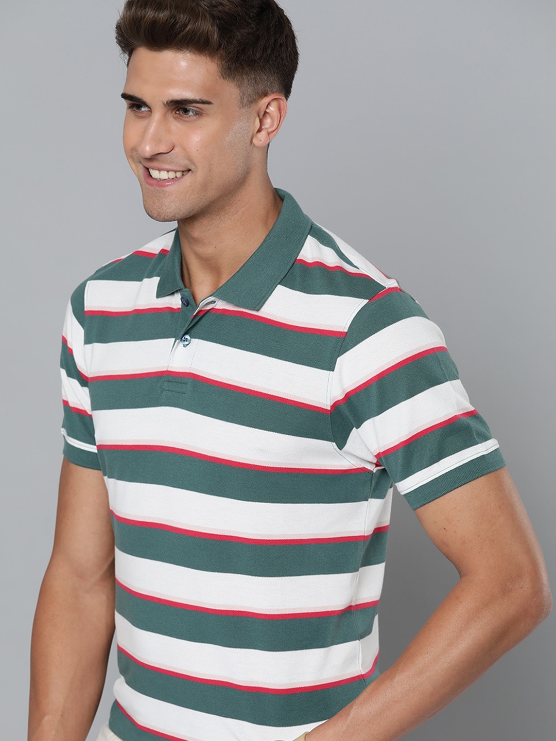 

Mast & Harbour Men Green & White Striped Polo Collar T-shirt