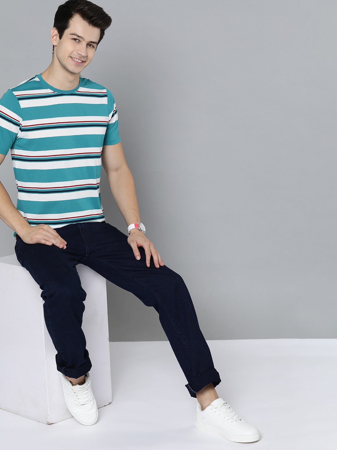 

Mast & Harbour Men Teal Green & White Striped T-shirt