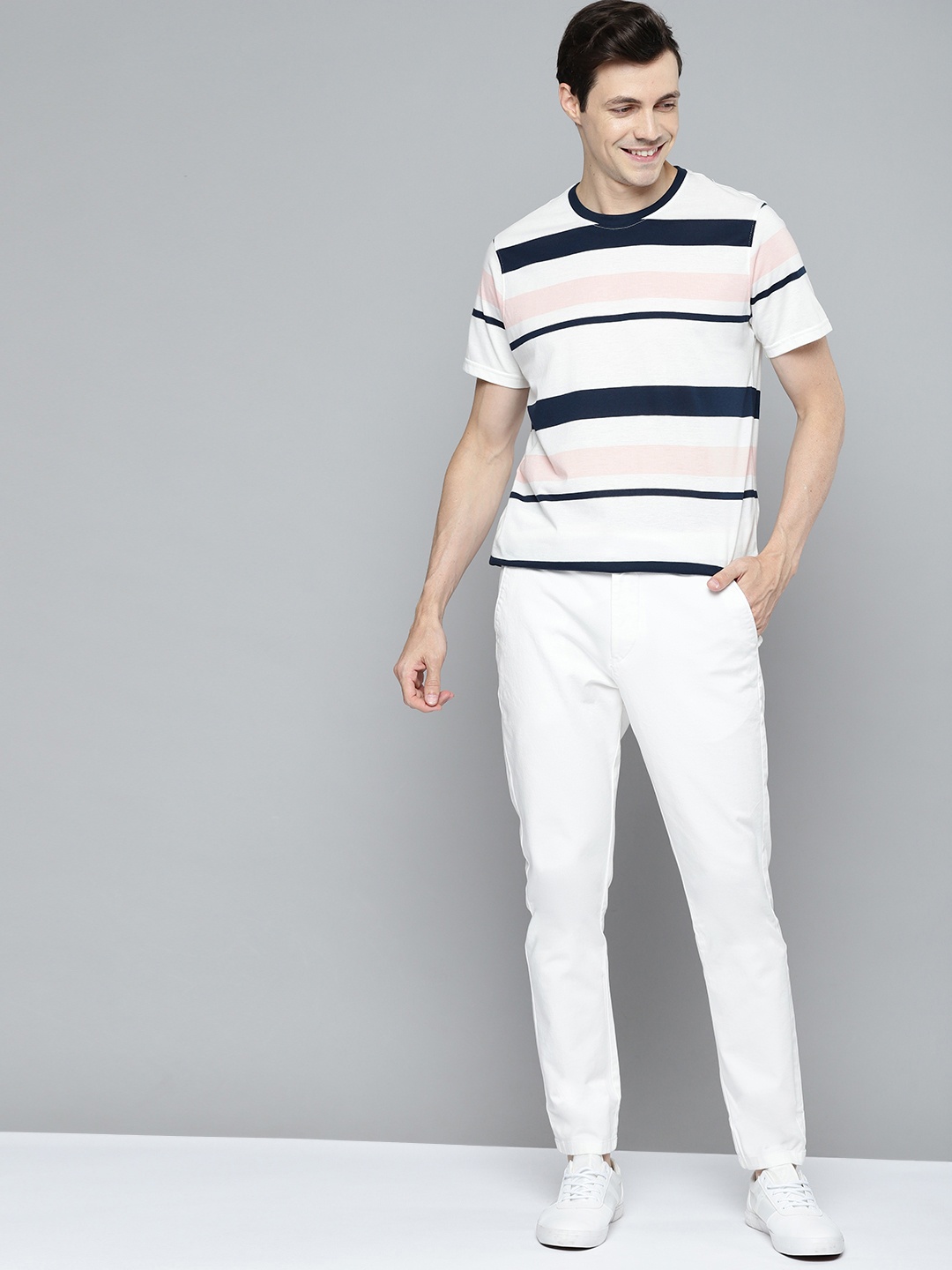

Mast & Harbour Men White & Navy Blue Striped T-shirt