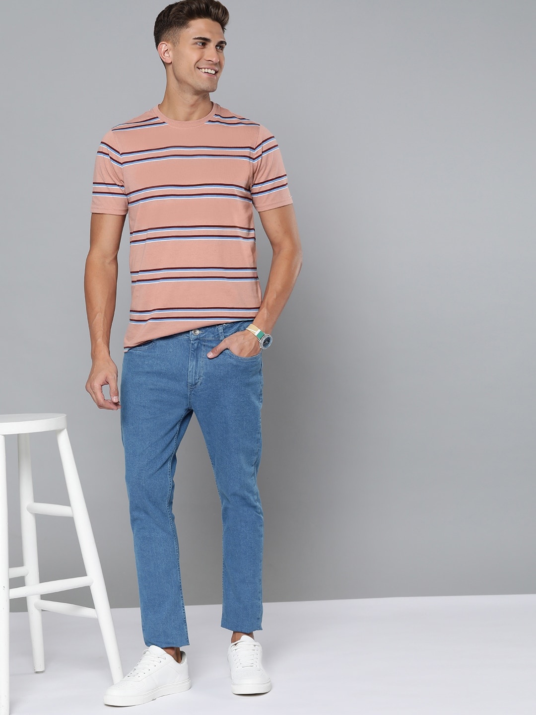 

Mast & Harbour Men Peach-Coloured & Blue Striped T-shirt