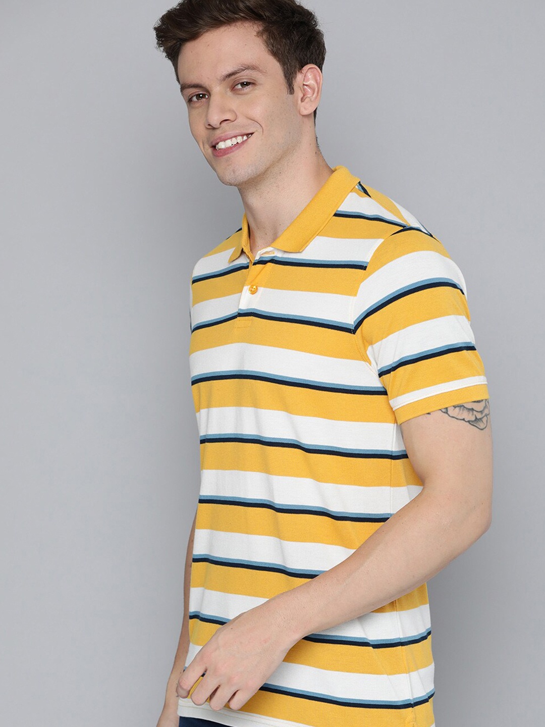 

Mast & Harbour Men Yellow & White Striped Polo Collar T-shirt