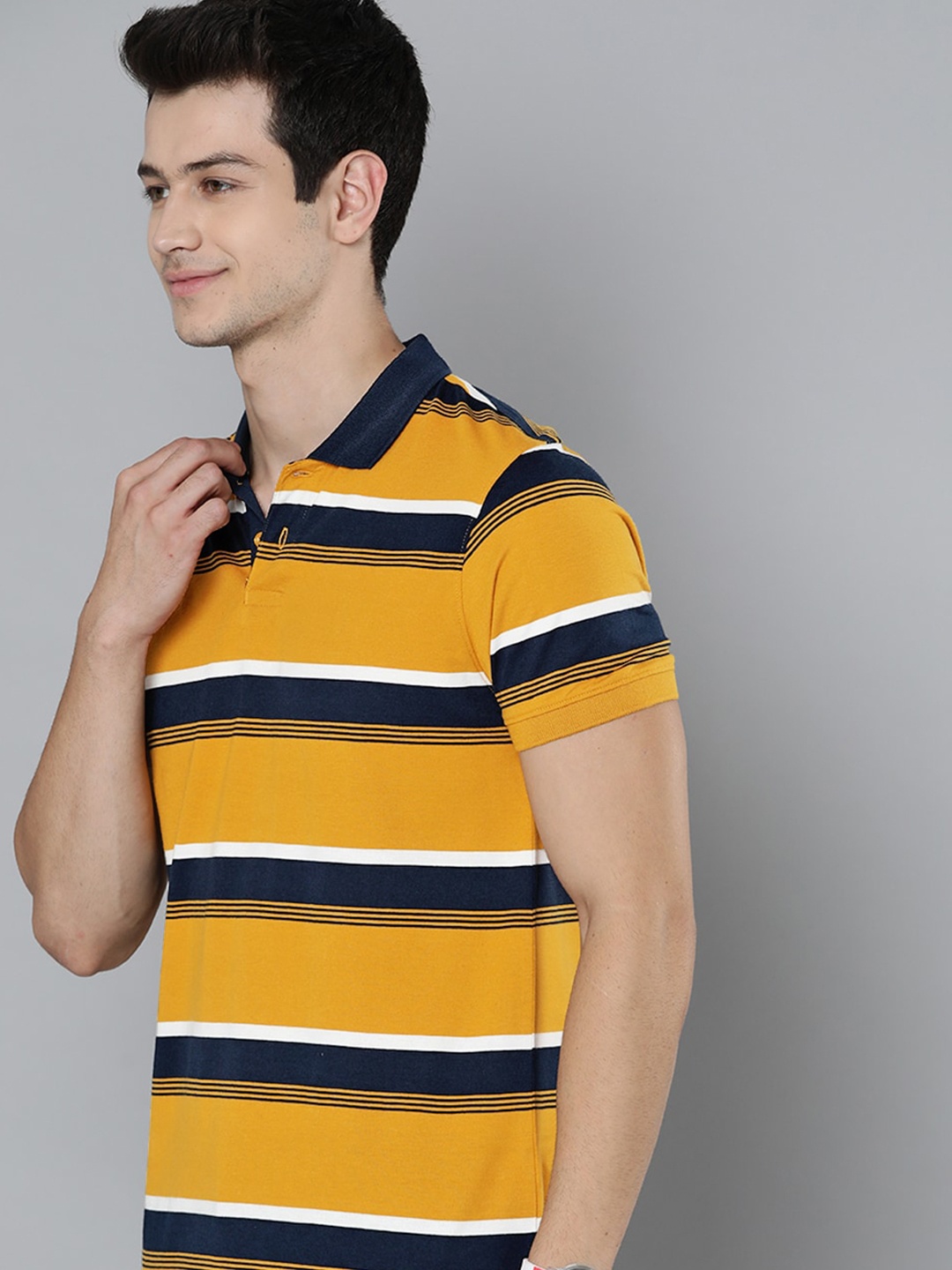 

Mast & Harbour Men Mustard Yellow & Navy Blue Striped Polo Collar T-shirt
