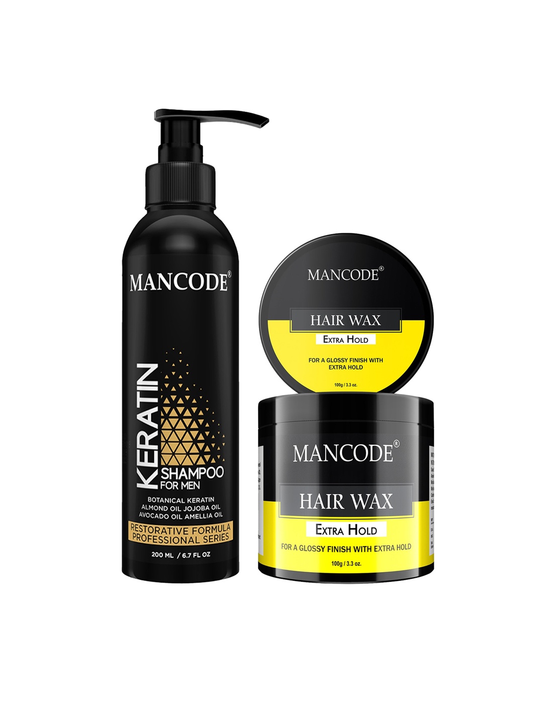 

MANCODE Men Set of Keratin Shampoo 200 ml & Extra Hold Hair Wax 100 g, Black