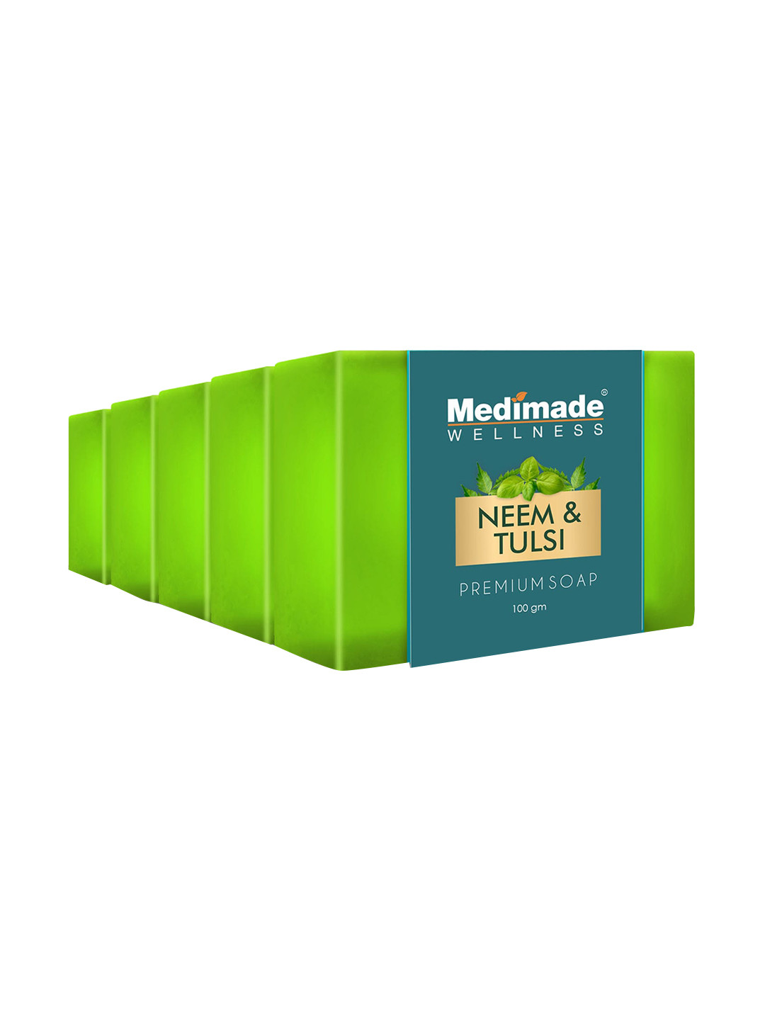 

Medimade Set of 5 Anti Pimple Neem & Tulsi Premium Facial Soap for Skin Immunity-100g Each, Green