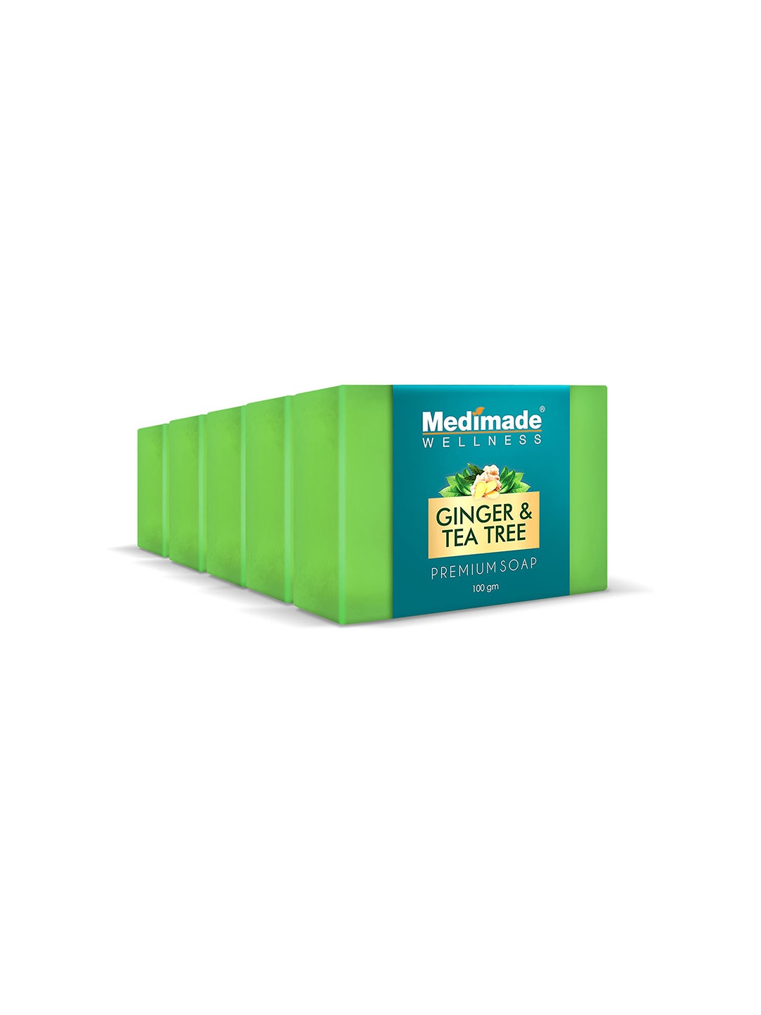 

Medimade Set of 5 Ginger & Tea Tree Premium Facial Soap for Skin Appearance - 100 g Each, Green