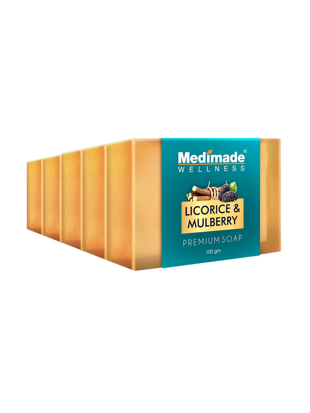 

Medimade Set of 5 Licorice & Mulberry Facial Soap to Improve Skin Tone - 100 g Each, Orange