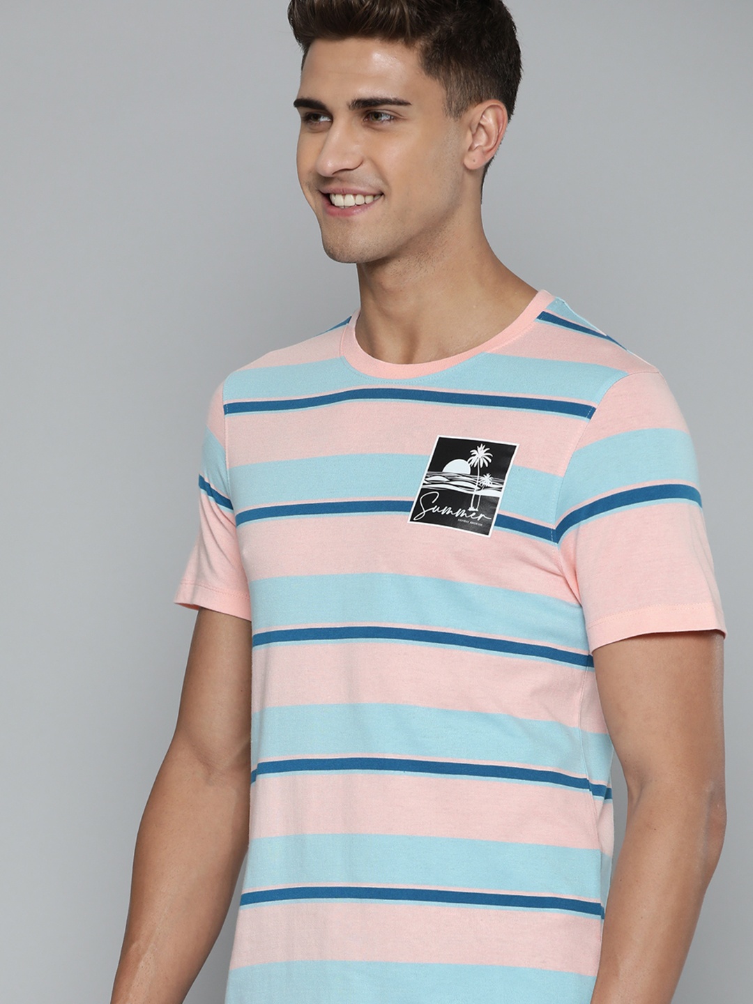 

Mast & Harbour Men Peach-Coloured & Blue Striped T-shirt